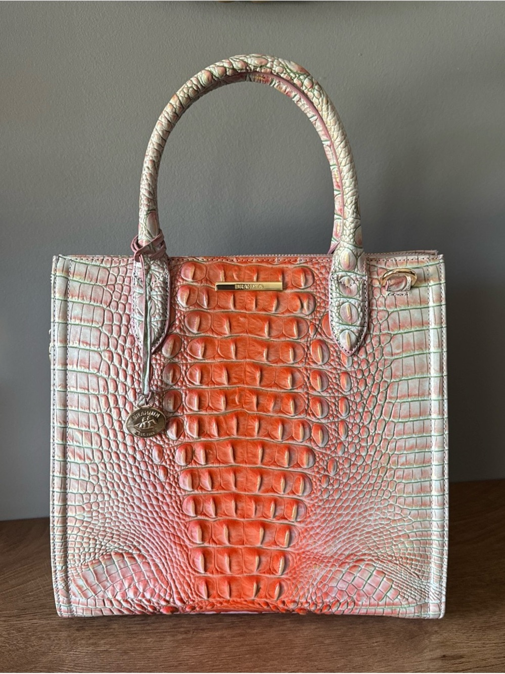 Brahmin Croc-Embossed Orange-to-Cream Gradient Satchel